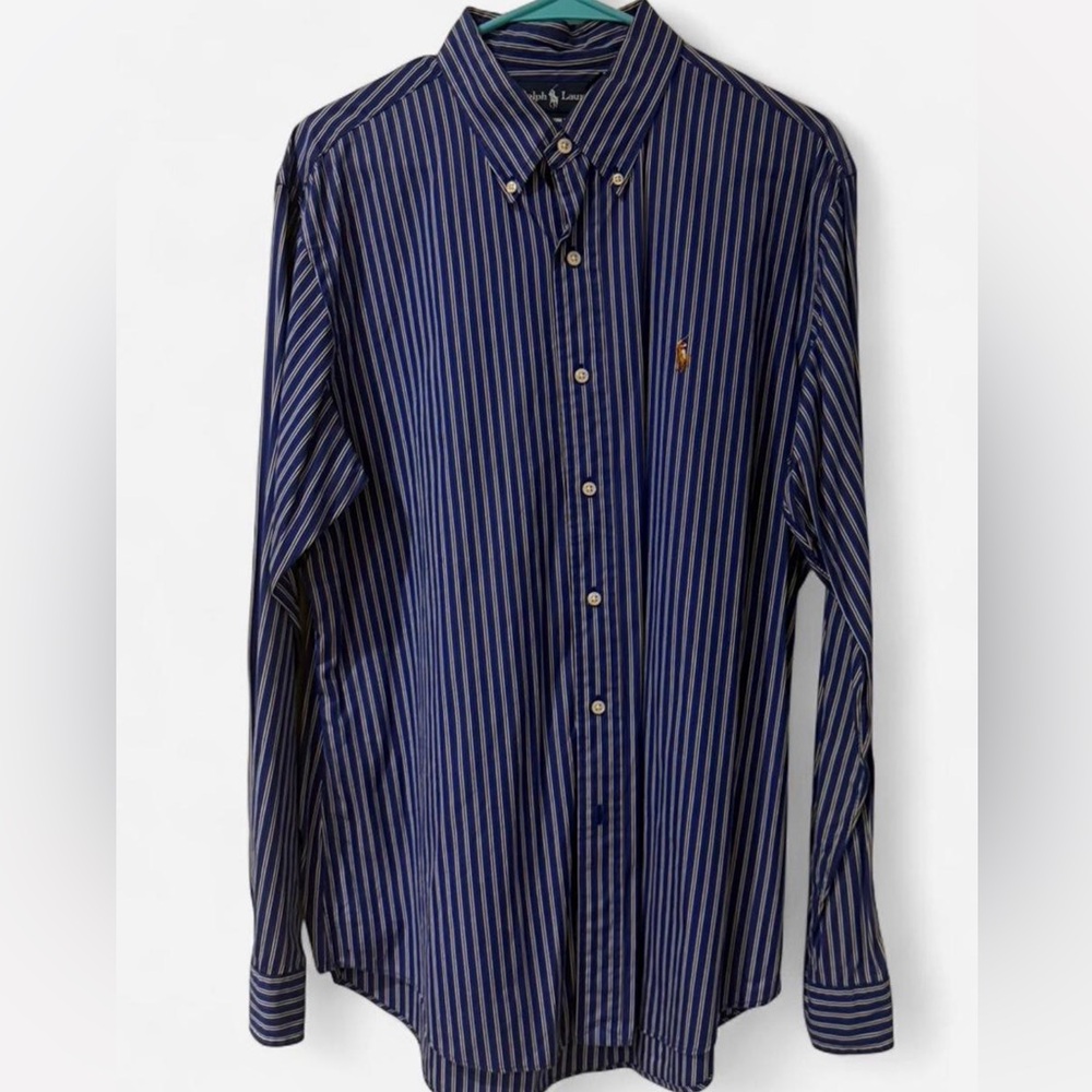 Ralph Lauren Blue Striped Button Down Shirt Size L | Mens | Vintage - Picture 2 of 5